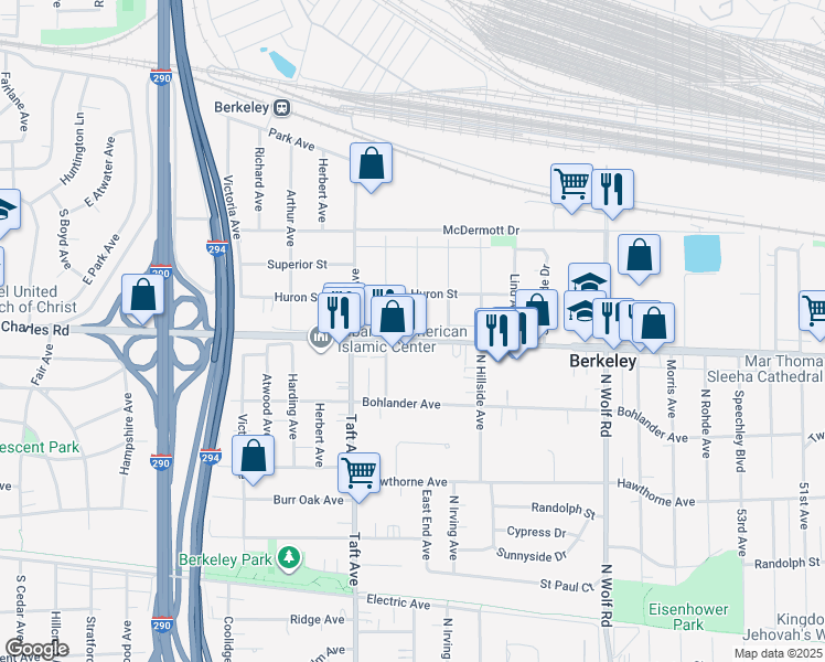 map of restaurants, bars, coffee shops, grocery stores, and more near 1305 Howard Avenue in Berkeley