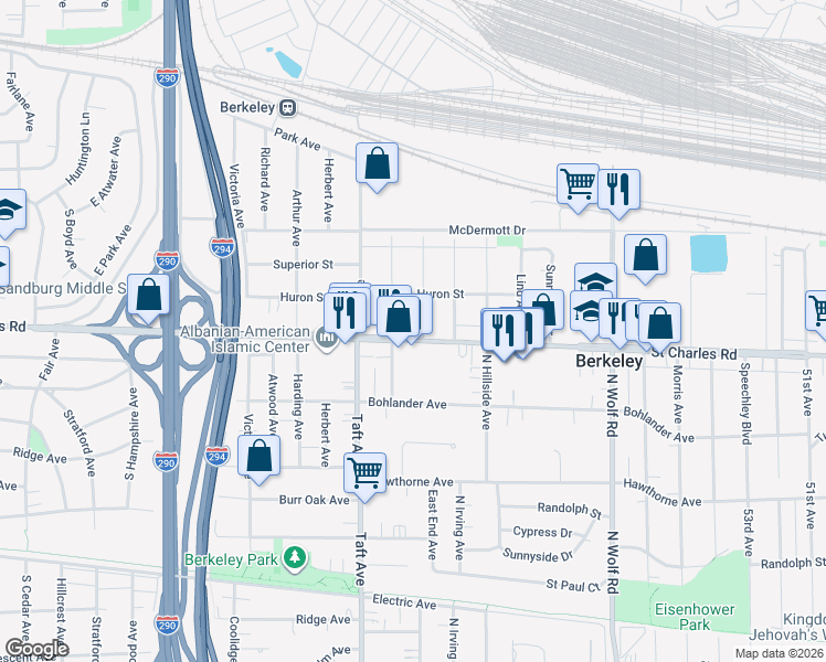 map of restaurants, bars, coffee shops, grocery stores, and more near 1305 Howard Avenue in Berkeley
