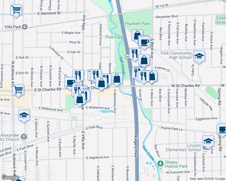 map of restaurants, bars, coffee shops, grocery stores, and more near 295 South Monterey Avenue in Elmhurst