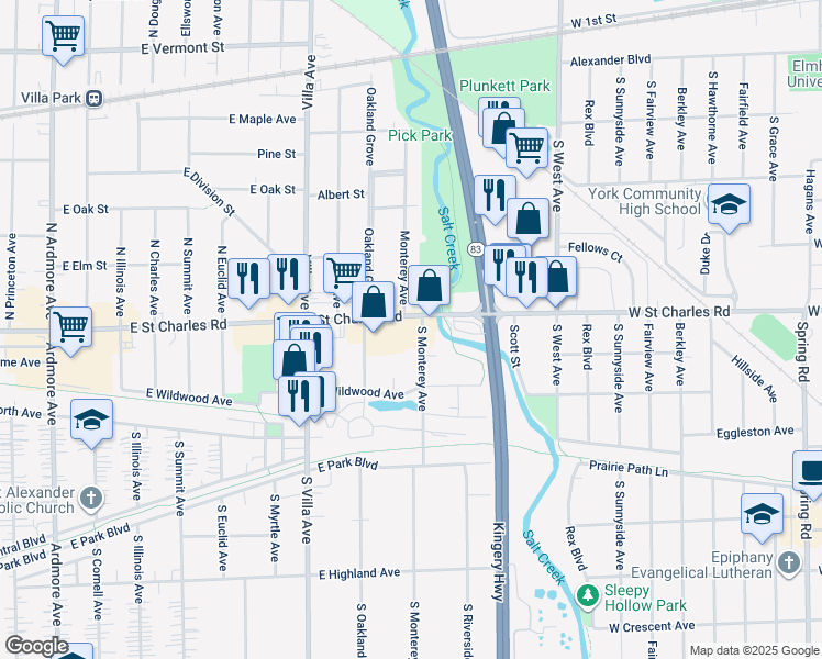 map of restaurants, bars, coffee shops, grocery stores, and more near 295 South Monterey Avenue in Elmhurst