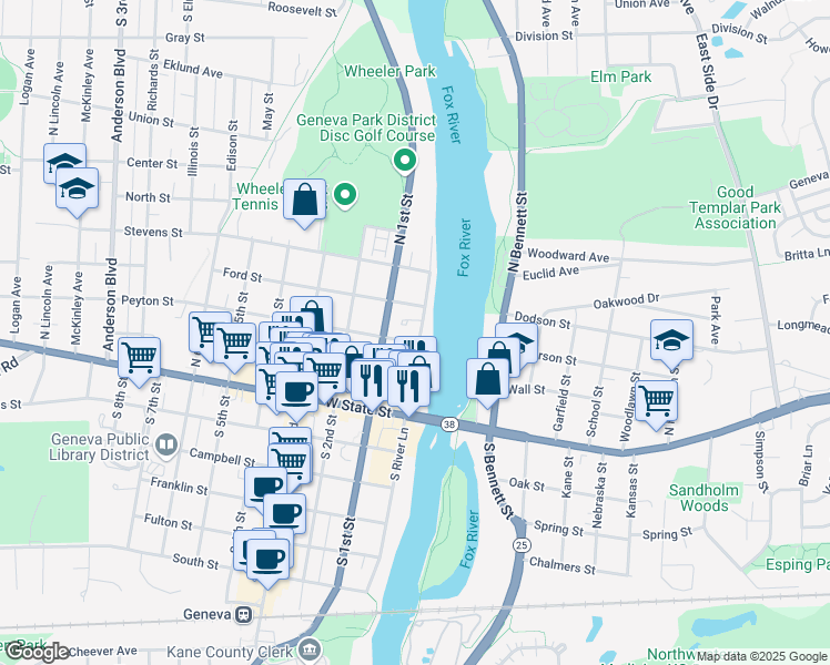 map of restaurants, bars, coffee shops, grocery stores, and more near 10 Ford Street in Geneva