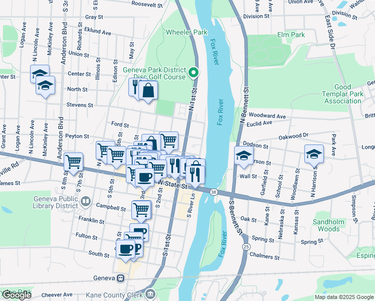 map of restaurants, bars, coffee shops, grocery stores, and more near 228 North 1st Street in Geneva