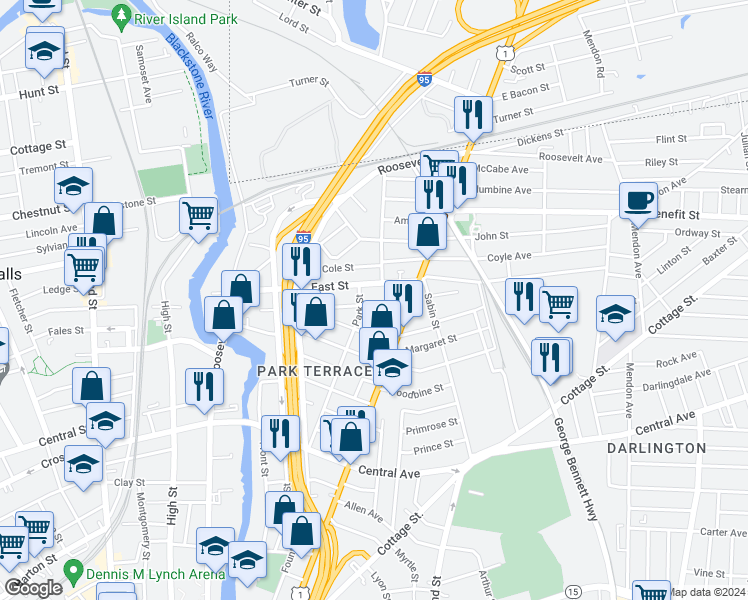 map of restaurants, bars, coffee shops, grocery stores, and more near 78 Gooding Street in Pawtucket