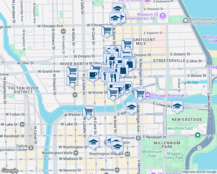 map of restaurants, bars, coffee shops, grocery stores, and more near 11 West Illinois Street in Chicago