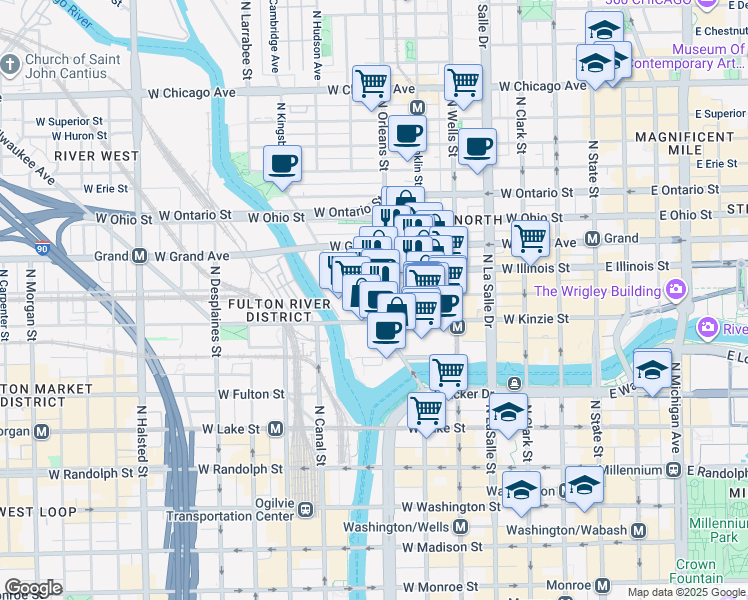map of restaurants, bars, coffee shops, grocery stores, and more near 351 West Hubbard Street in Chicago