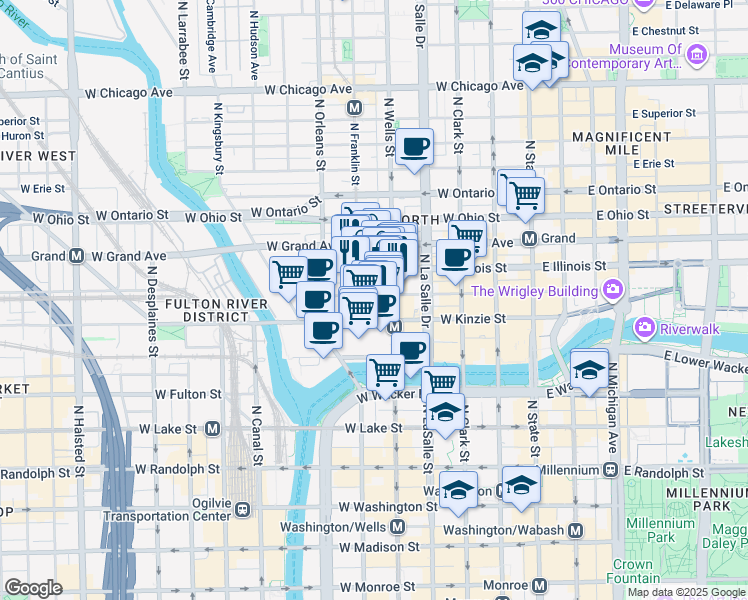 map of restaurants, bars, coffee shops, grocery stores, and more near 444 North Wells Street in Chicago
