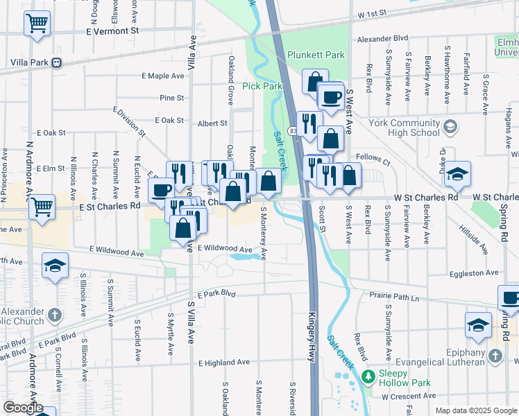 map of restaurants, bars, coffee shops, grocery stores, and more near 295 South Monterey Avenue in Elmhurst