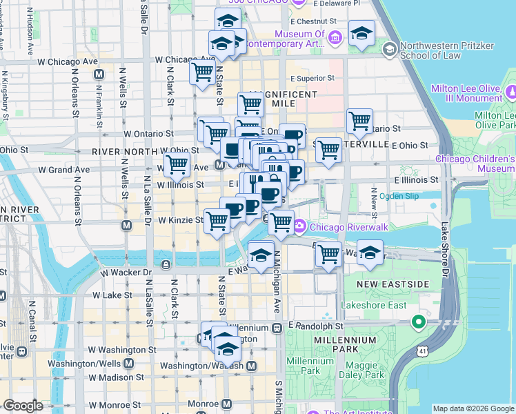 map of restaurants, bars, coffee shops, grocery stores, and more near 405 North Wabash Avenue in Chicago