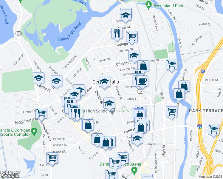 map of restaurants, bars, coffee shops, grocery stores, and more near 115 Washington Street in Central Falls