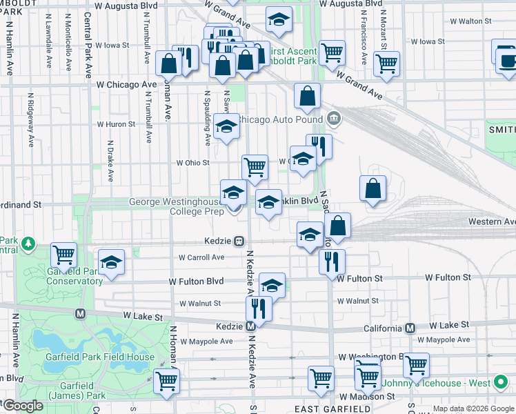 map of restaurants, bars, coffee shops, grocery stores, and more near 3150 West Franklin Boulevard in Chicago