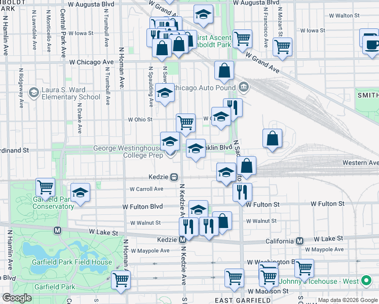 map of restaurants, bars, coffee shops, grocery stores, and more near 3148 West Franklin Boulevard in Chicago