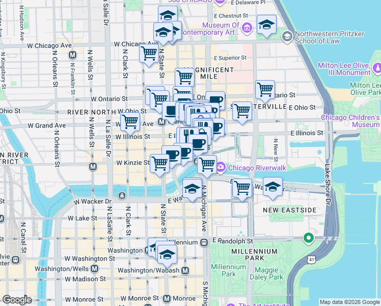 map of restaurants, bars, coffee shops, grocery stores, and more near 55 East Grand Avenue in Chicago