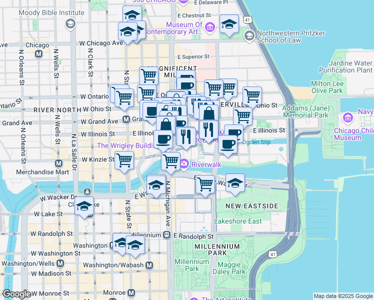 map of restaurants, bars, coffee shops, grocery stores, and more near 401 Michigan Avenue in Chicago