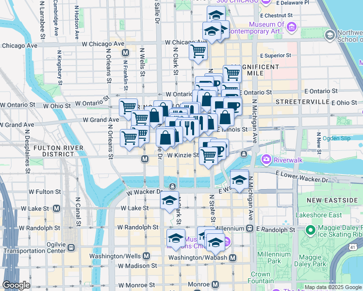 map of restaurants, bars, coffee shops, grocery stores, and more near 71 West Hubbard Street in Chicago