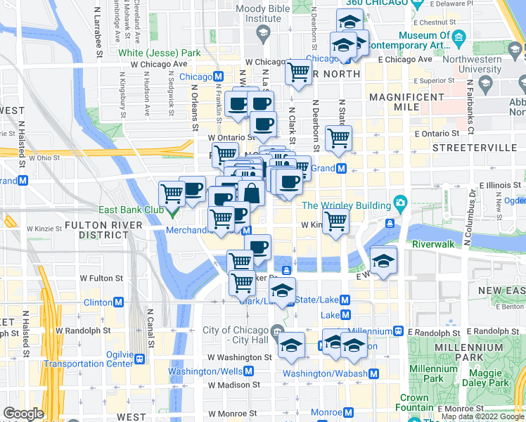 map of restaurants, bars, coffee shops, grocery stores, and more near 157 West Illinois Street in Chicago