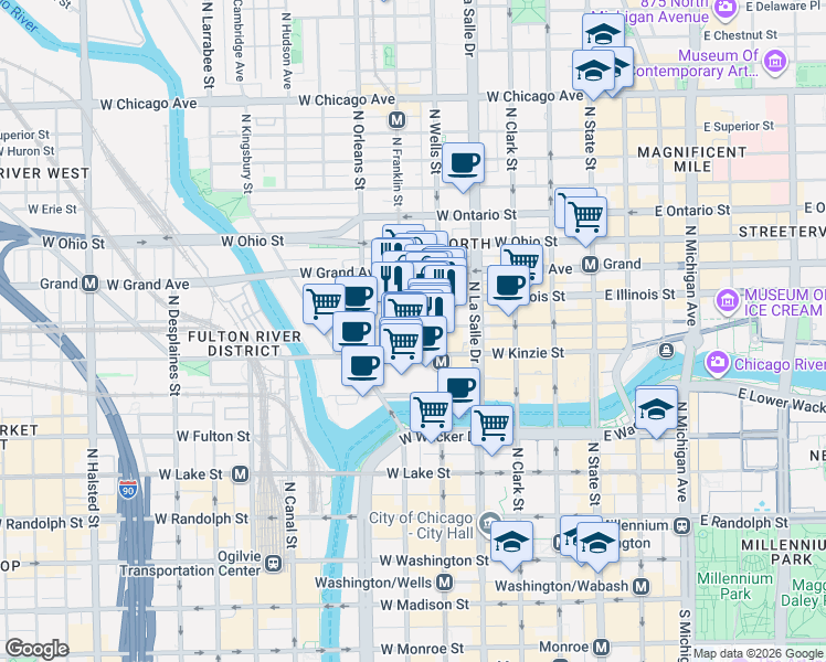 map of restaurants, bars, coffee shops, grocery stores, and more near 221 West Hubbard Street in Chicago