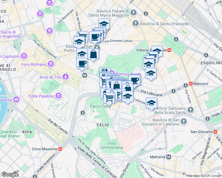 map of restaurants, bars, coffee shops, grocery stores, and more near 34 Via di San Giovanni in Laterano in Rome