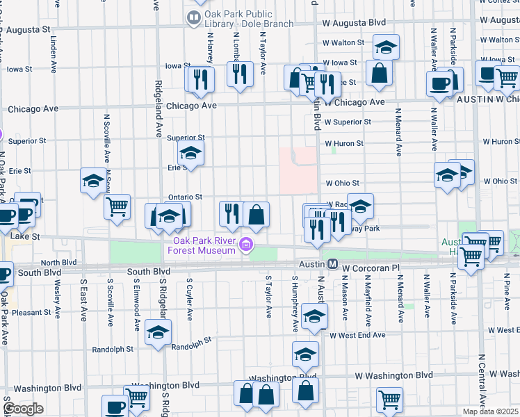 map of restaurants, bars, coffee shops, grocery stores, and more near 165 North Taylor Avenue in Oak Park