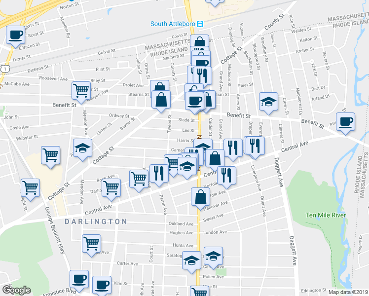 map of restaurants, bars, coffee shops, grocery stores, and more near 196 Cameron Street in Pawtucket