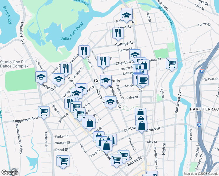 map of restaurants, bars, coffee shops, grocery stores, and more near 112 Washington Street in Central Falls