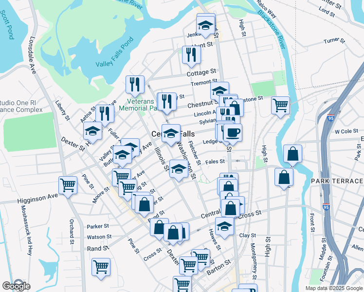 map of restaurants, bars, coffee shops, grocery stores, and more near 117 Washington Street in Central Falls