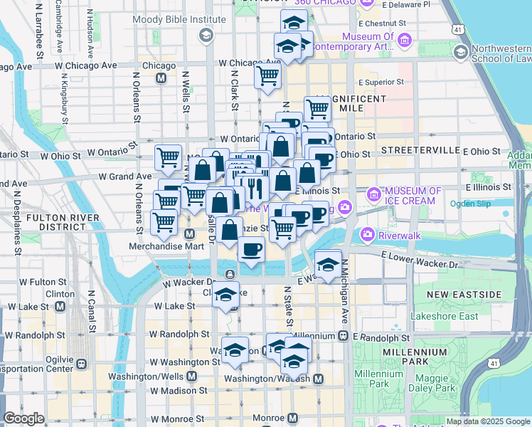 map of restaurants, bars, coffee shops, grocery stores, and more near 55 West Illinois Street in Chicago