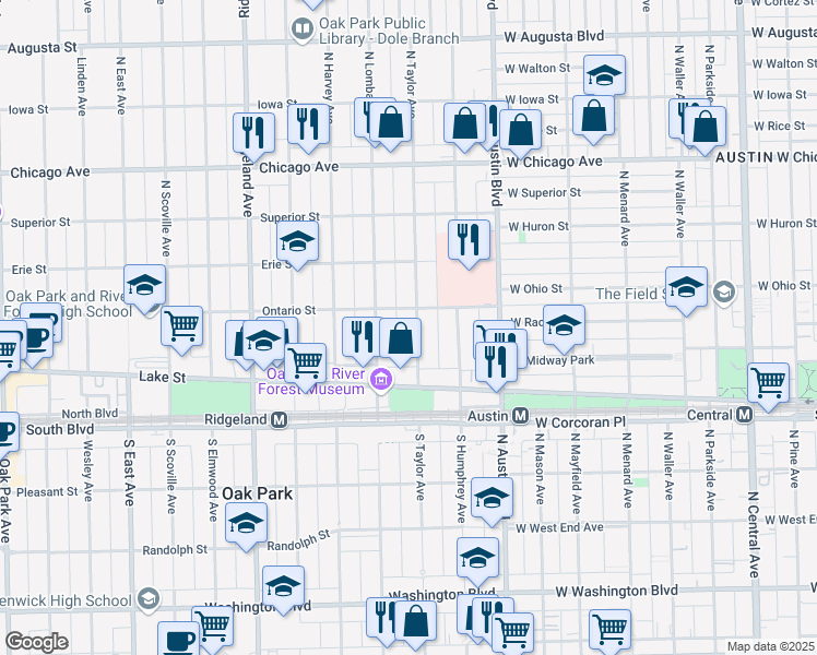 map of restaurants, bars, coffee shops, grocery stores, and more near 165 North Taylor Avenue in Oak Park