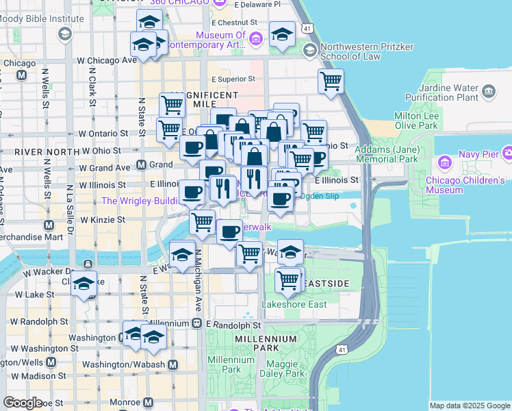 map of restaurants, bars, coffee shops, grocery stores, and more near 201 East Illinois Street in Chicago