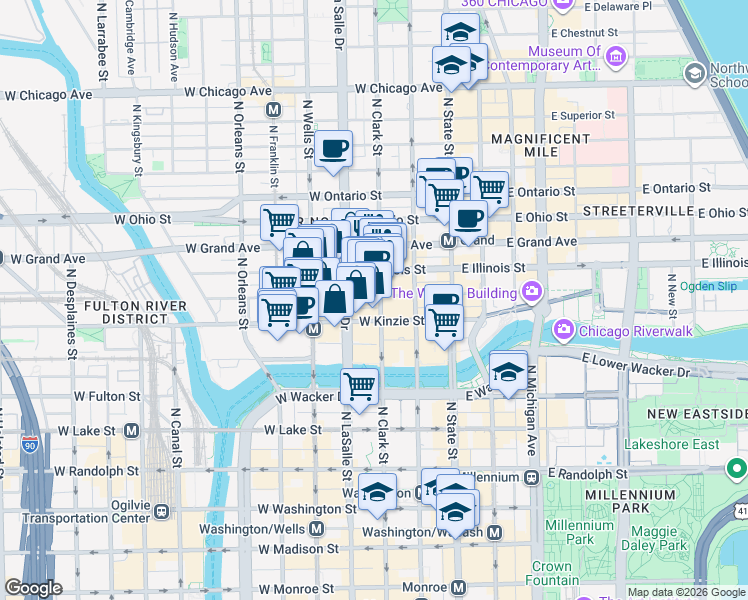 map of restaurants, bars, coffee shops, grocery stores, and more near 111 West Illinois Street in Chicago