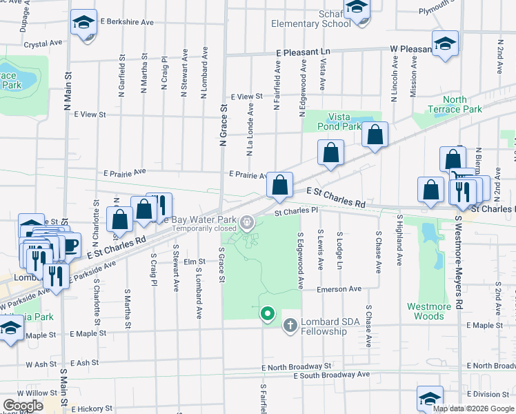 map of restaurants, bars, coffee shops, grocery stores, and more near 433 East Prairie Avenue in Lombard