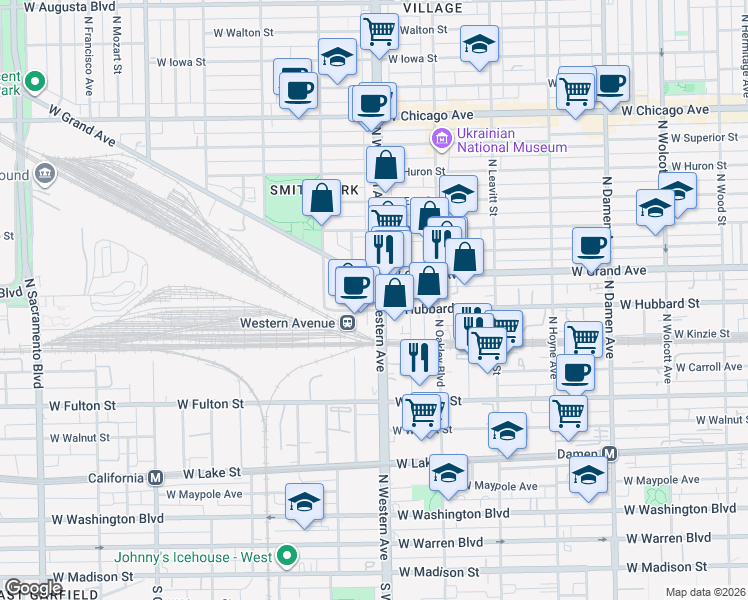 map of restaurants, bars, coffee shops, grocery stores, and more near in Chicago