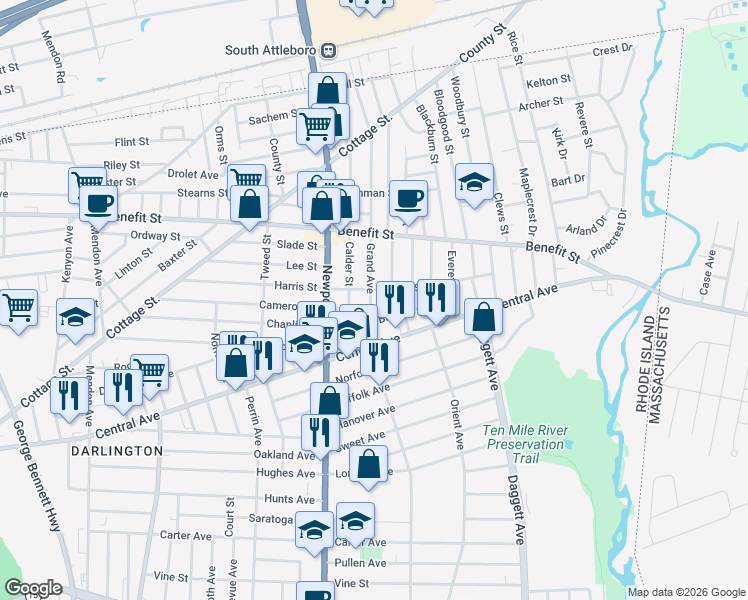map of restaurants, bars, coffee shops, grocery stores, and more near 395 Grand Avenue in Pawtucket