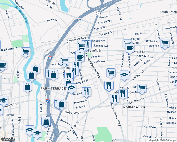 map of restaurants, bars, coffee shops, grocery stores, and more near 38 Webster Street in Pawtucket