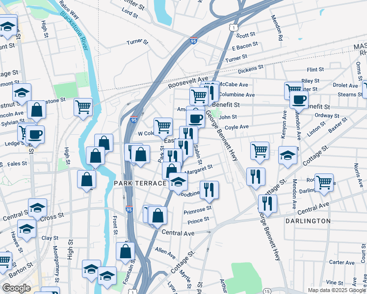 map of restaurants, bars, coffee shops, grocery stores, and more near 222 East Street in Pawtucket