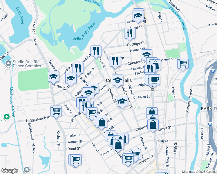 map of restaurants, bars, coffee shops, grocery stores, and more near 281 Illinois Street in Central Falls