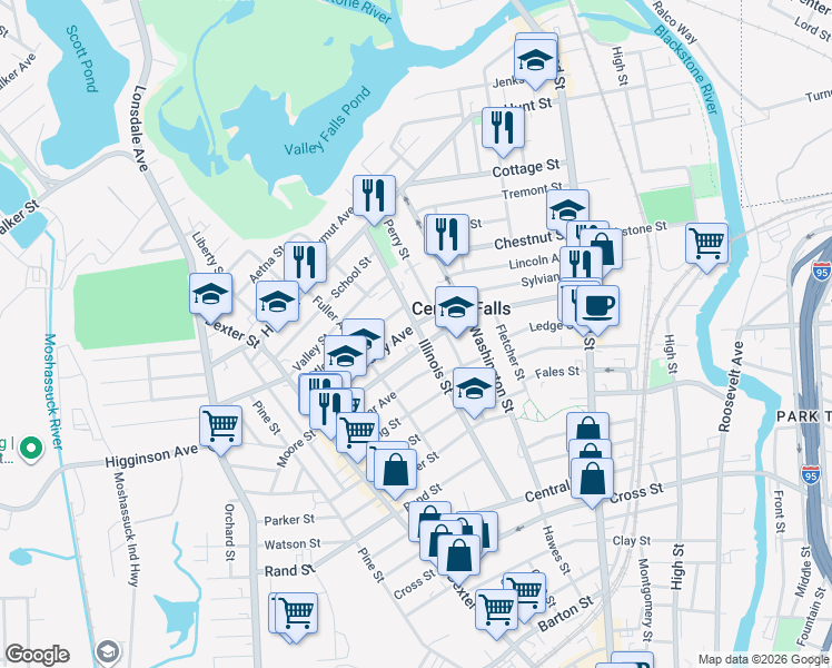 map of restaurants, bars, coffee shops, grocery stores, and more near 281 Illinois Street in Central Falls