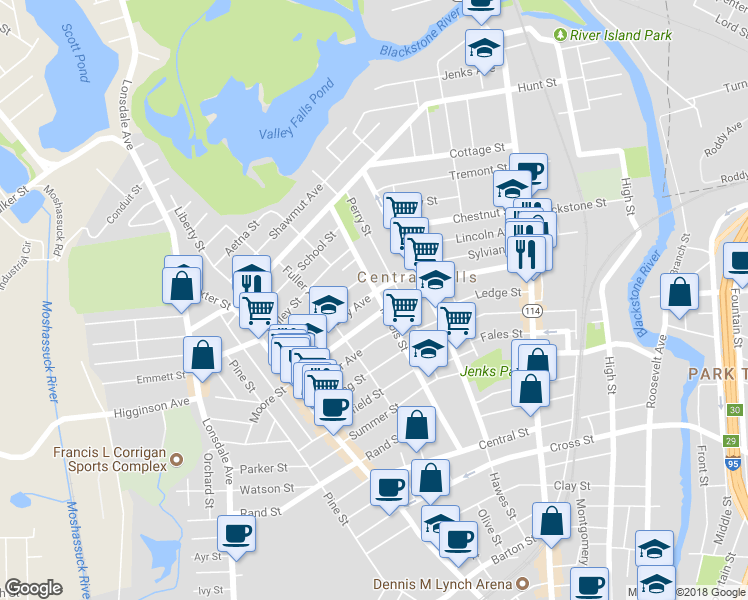 map of restaurants, bars, coffee shops, grocery stores, and more near 281 Illinois Street in Central Falls