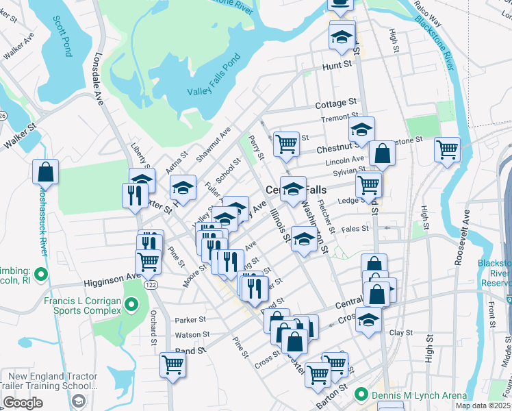 map of restaurants, bars, coffee shops, grocery stores, and more near 25 Butler Avenue in Central Falls