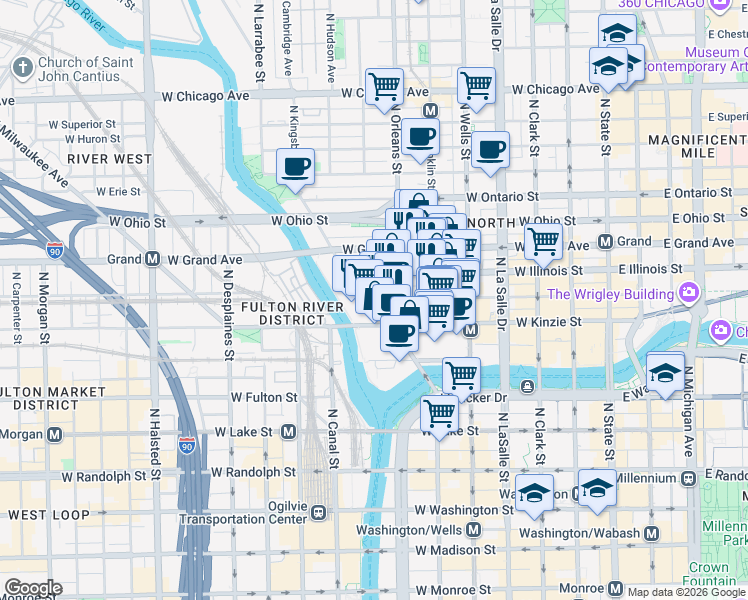 map of restaurants, bars, coffee shops, grocery stores, and more near 440 North Orleans Street in Chicago