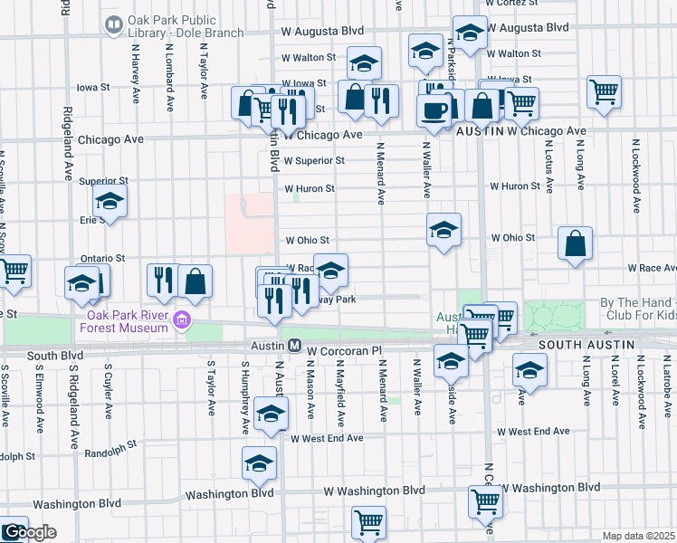 map of restaurants, bars, coffee shops, grocery stores, and more near 5904 West Race Avenue in Chicago