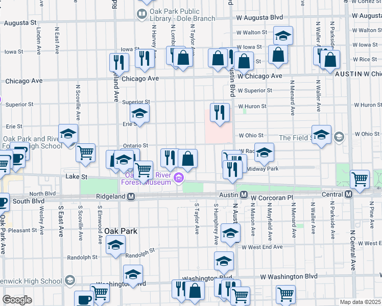 map of restaurants, bars, coffee shops, grocery stores, and more near 179 North Taylor Avenue in Oak Park