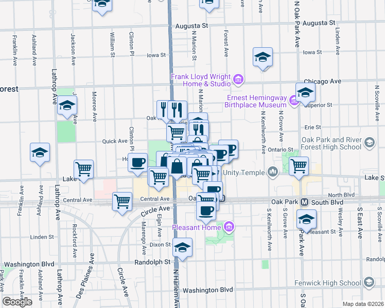 map of restaurants, bars, coffee shops, grocery stores, and more near 1131 Ontario Street in Oak Park