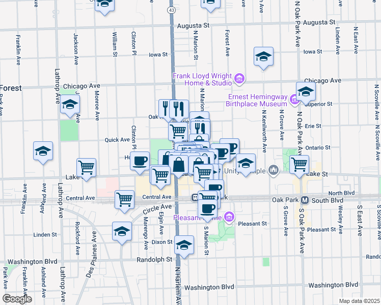 map of restaurants, bars, coffee shops, grocery stores, and more near 1131 Ontario Street in Oak Park
