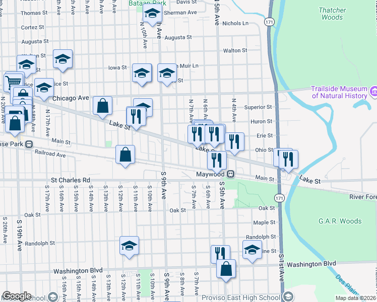 map of restaurants, bars, coffee shops, grocery stores, and more near 621 Lake Street in Maywood