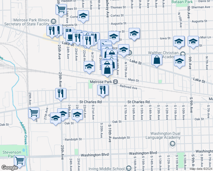 map of restaurants, bars, coffee shops, grocery stores, and more near 4 North 19th Avenue in Melrose Park