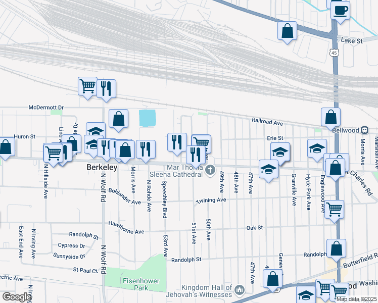 map of restaurants, bars, coffee shops, grocery stores, and more near 63 51st Avenue in Bellwood