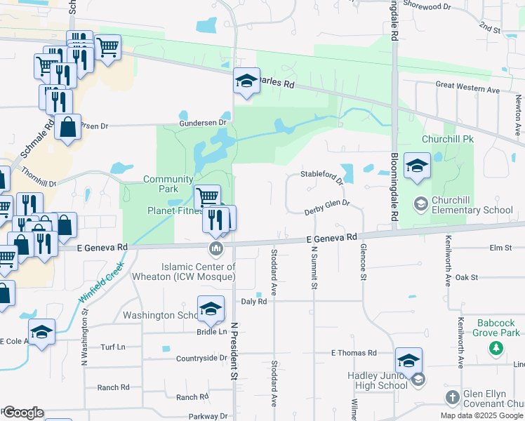 map of restaurants, bars, coffee shops, grocery stores, and more near 516 Timber Ridge Drive in Carol Stream