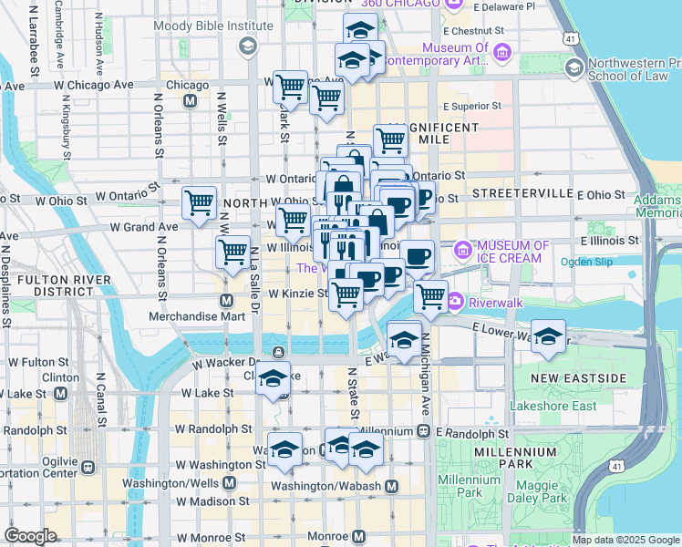 map of restaurants, bars, coffee shops, grocery stores, and more near 11 West Illinois Street in Chicago