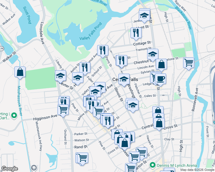 map of restaurants, bars, coffee shops, grocery stores, and more near 25 Butler Avenue in Central Falls