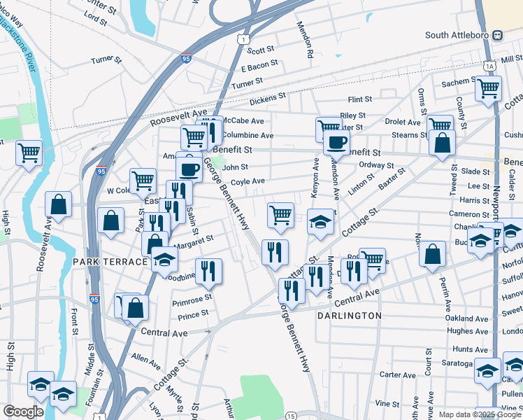 map of restaurants, bars, coffee shops, grocery stores, and more near 95 Webster Street in Pawtucket
